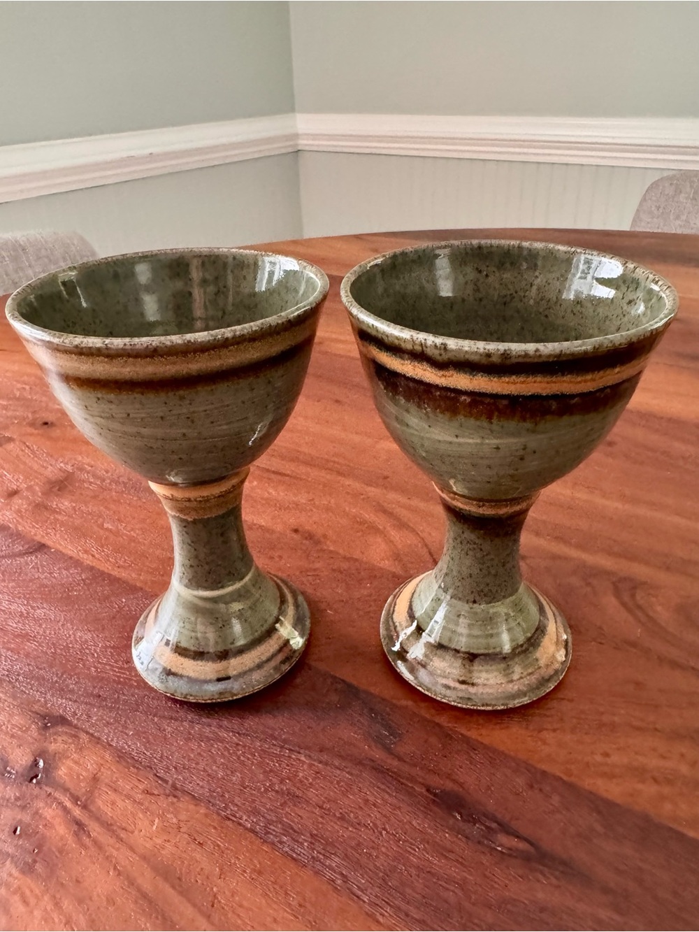 Vintage Studio Pottery Wine Goblets Set of 2 Signed By Artist Green EUC